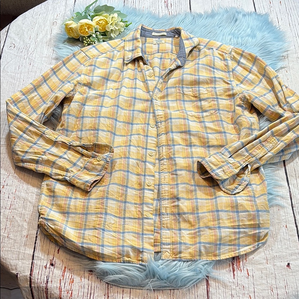 Lucky Brand Yellow Plaid Button-Down Shirt with Blue Accents